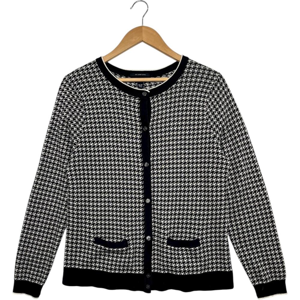 Lands' End Black and White Houndstooth Knit Cardigan